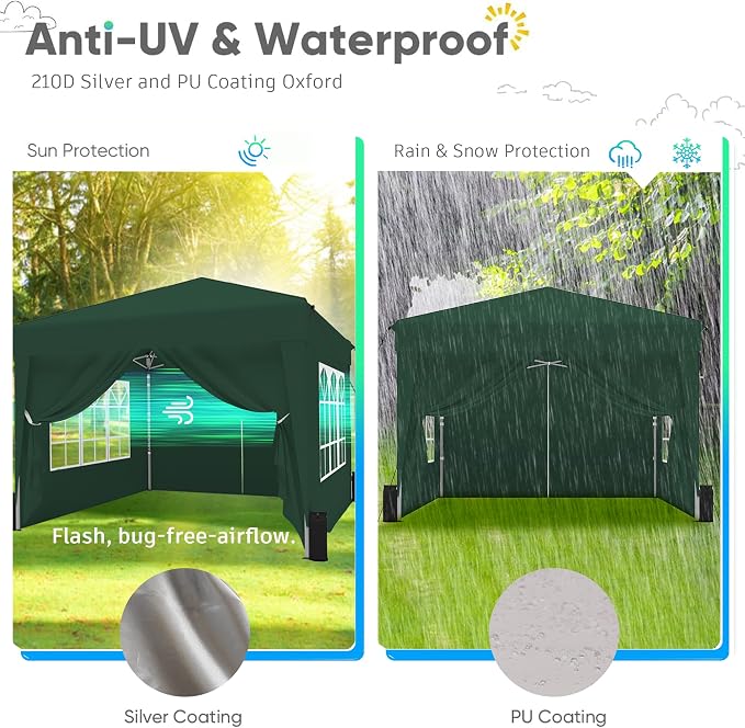 10x10 Pop Up Canopy Tent with Sidewalls x 4 – Easy Setup Canopy Tent, Waterproof, UV-Resistant, Portable with Carry Bag for Outdoor Events, Camping, and Backyard Parties – Dark Green