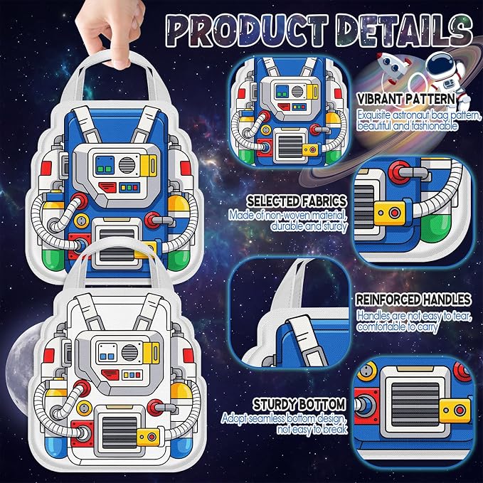 Locmeo 24 Pcs Space Party Favors Bags 11 Inch Astronaut Birthday Gift Bags Bulk Non Woven Reusable Tote Bag with Handle for Goodie Snack Treat Space Party Supplies Birthday Gift Decoration