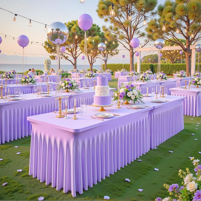 6 Pack Lavender Spandex Tablecloths for Rectangle Tables Light Purple Stretch Table Cloth Rectangle 8ft Lilac Elastic Fitted Table Cover with Skirt for Wedding Birthday Party Banquet Baby Shower