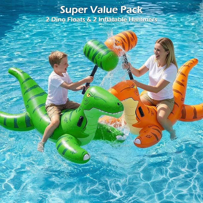Jasonwell Pool Games Toys Floats -2Pack Inflatable Dinosaur Pool Floats with Blow Up Toy Hammers Ride on Pool Floaties for Kids Teens Adults Lounge Raft Summer Lake Beach Party Decorations