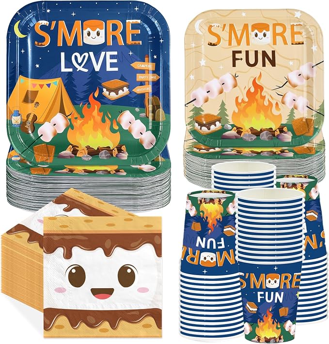 250Pcs S'more Camping Birthday Party Decorations S’More Love Fun Plates Napkins Cups Disposable Camping Campfire Bonfire Tableware Set for Kids Labor Day Adventure Baby Shower Party Supplies Serves 50