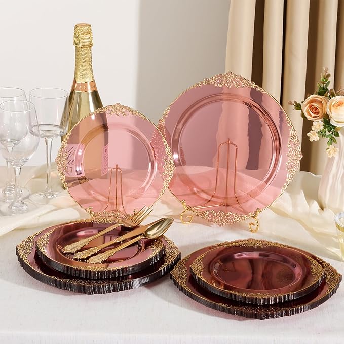 Goodluck 250 PCS Vintage Translucent Burgundy & Gold Rim Plastic Plates with Cutlery Set - Serves 50 - Heavy Duty Elegant Disposable Dinnerware for Thanksgiving, Fall Wedding, Holiday