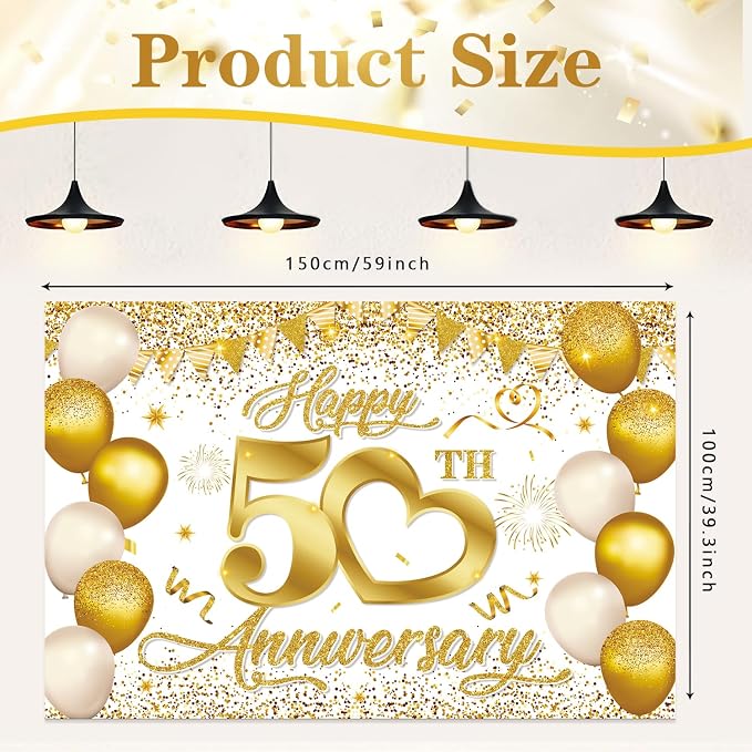 50th Anniversary Decorations, White Gold 50th Wedding Anniversary Decorations- Banner Backdrop Centerpieces Hanging Swirls Pom Pom Party Supplies