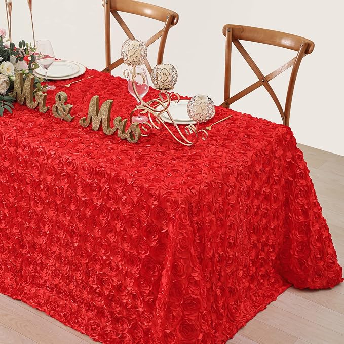 Red Rosette Tablecloth Satin Raised Rosettes 50 x102 Inches 3D Rose Floral Satin Rectangle Tablecloths for Wedding Banquet Party Baby Shower Sweet Cake