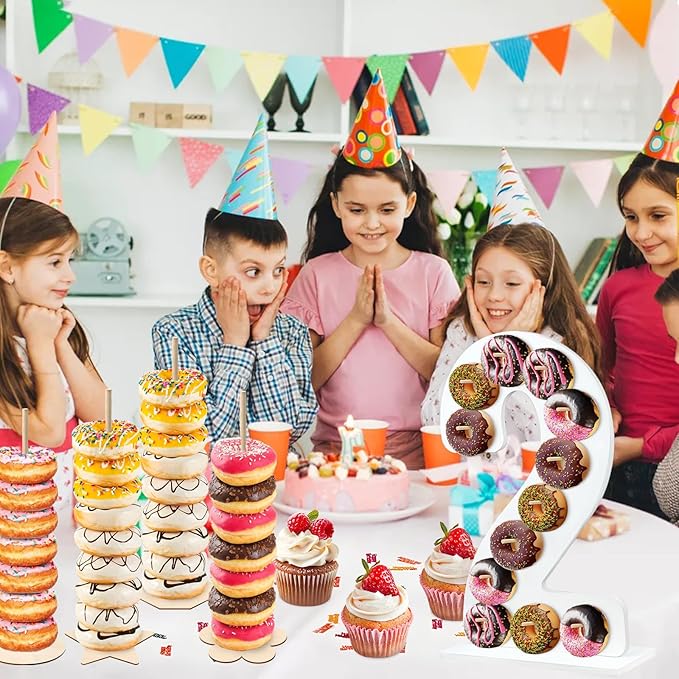 5 Pcs Donut Stand Set, Doughnut Party Supplies Include 1 Pc Digit Donut Wall Display Stand, 4 Pcs Doughnut Wall, for Birthday Wedding Baby Shower Party (White number 2)