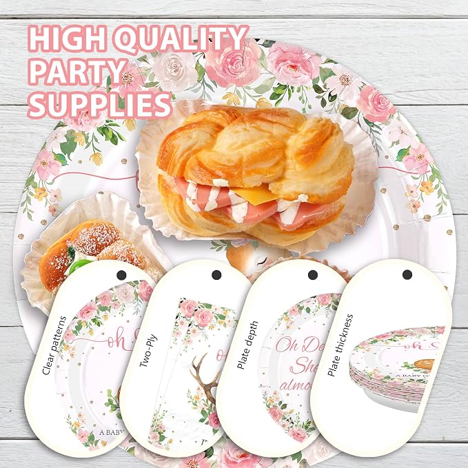 96Pcs Oh Deer She's Almost Here Baby Shower Party Pink Deer Tableware Set | Disposable Pink Deer Themed Woodland Animal Tableware for Girls Animal Baby Shower Gender Reveal Party Supplies Serves 24