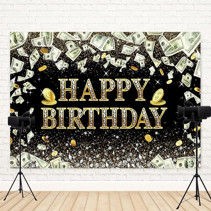 12x8ft Happy Birthday Backdrop Dollar Bill Theme Photography Background Money Glitter Diamond Girls Boys Birthdays Party Banner Decorations Gold Coins Men Women Parties Photo Booth Prop