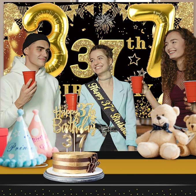 37th Birthday Decorations Men Women with 37th Birthday Banner, Black and Gold Table Cloth, Number Balloons, Large Sash, Cake Topper and Candles