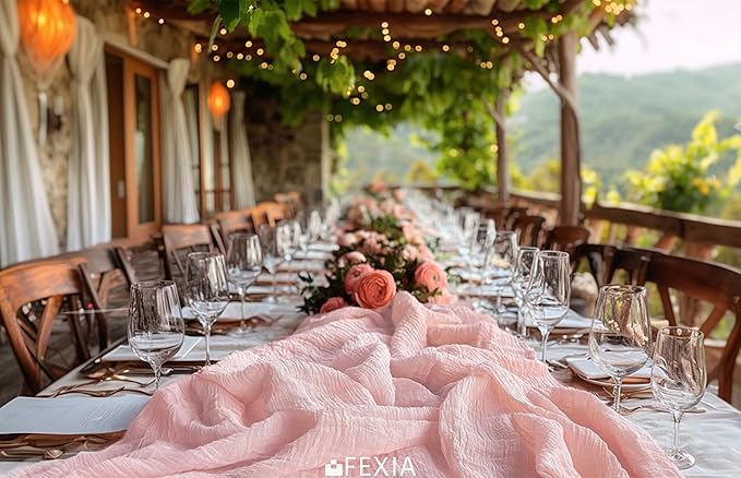 FEXIA Pink Table Runner 30x118 Inches for Spring Easter Decor Dusty Pink Cheesecloth Table Runner for Tea Party Decorations Gauze for Wedding Baby Shower Bridal Shower First Communion and Home Decor