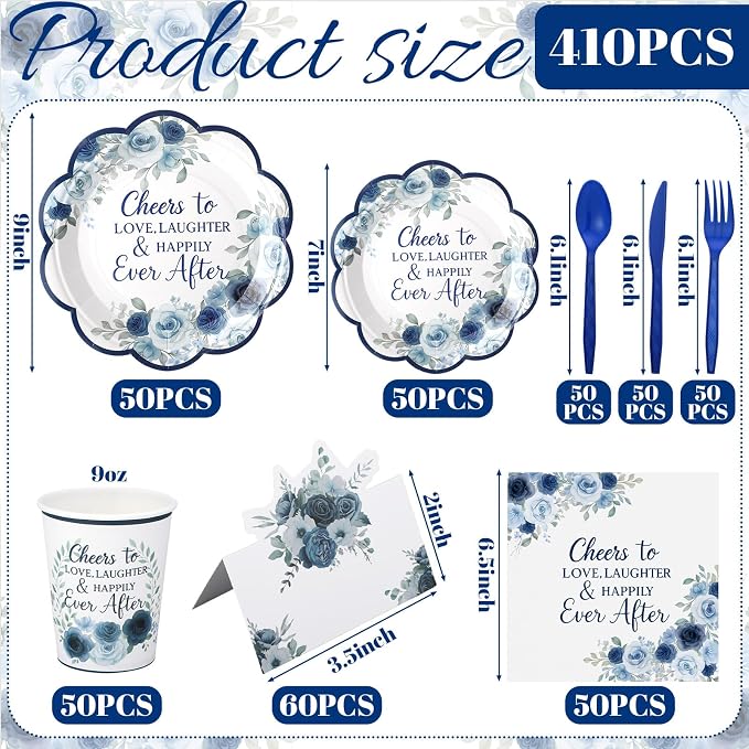 Shellwei 410 Pcs Blue Floral Wedding Decorations Elegant Floral Paper Plates and Napkins Set Disposable Party Tableware Sets with Cups Knives Forks Spoons Seat Card Favors for 50 Guests