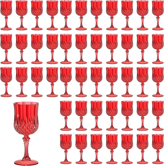 7OZ Plastic Wine Glasses, Reusable Vintage Goblets Unbreakable Drinking Glasses Crystal Water Cups Champagne for Wedding, Parties, Mother's Day (48, Red)