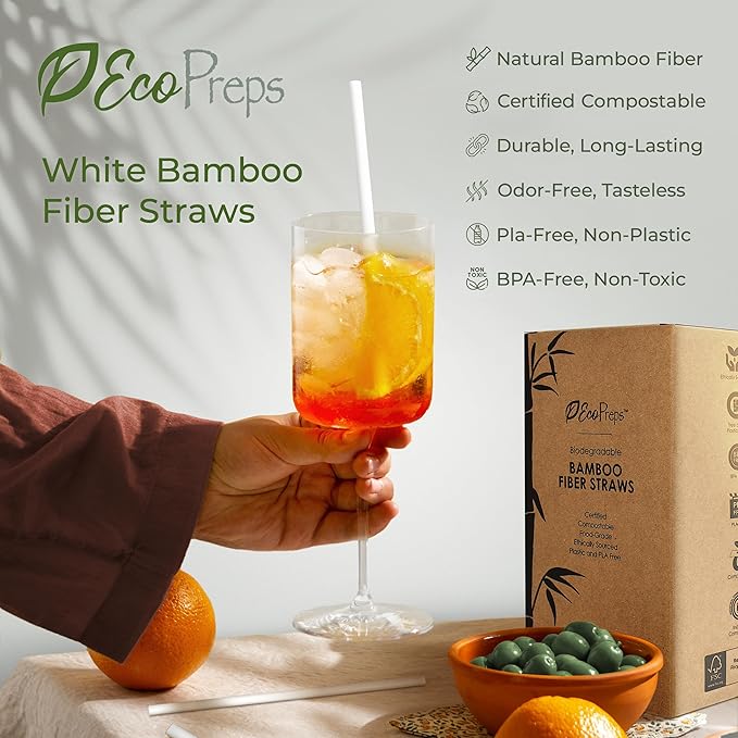 EcoPreps Biodegradable Bamboo Fiber Straws | 300 Count, 100% Compostable, Plastic-Free, Eco-Friendly Drinking Straw | 7.8'' Plant Fiber Disposable Straws, White Straw | Durable for Warm & Cold Drinks