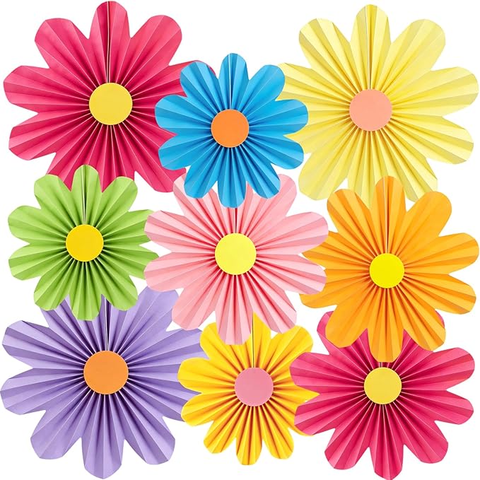 Paper Jazz Colorful Party Decorations with Daisy Paper Flower,Rainbow Birthday Decorations-9pcs Tissue Mexican Decor for Home Backdrop Garden Birthday Party Wall Hanging Fan for Spring Party