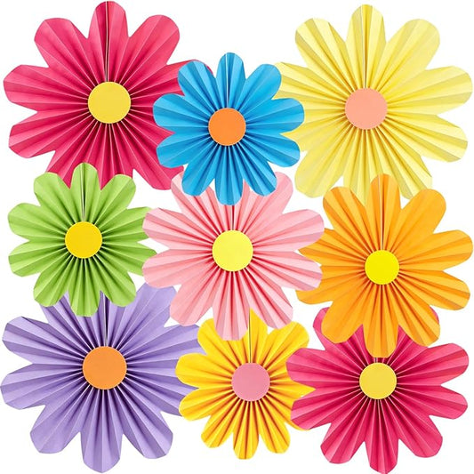 Paper Jazz Colorful Party Decorations with Daisy Paper Flower,Rainbow Birthday Decorations-9pcs Tissue Mexican Decor for Home Backdrop Garden Birthday Party Wall Hanging Fan for Spring Party