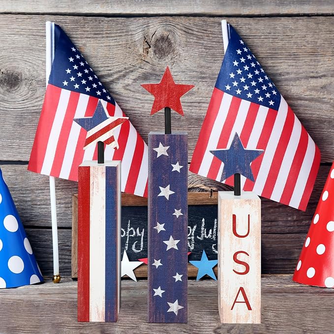 COCHIE 4th of July Decorations Set, Red White Blue Decor, Wooden Patriotic Memorial Day Tiered Tray Decor, Labor Day Decorations, Fourth of July Decoration for Home Office Table (Flag Retro)