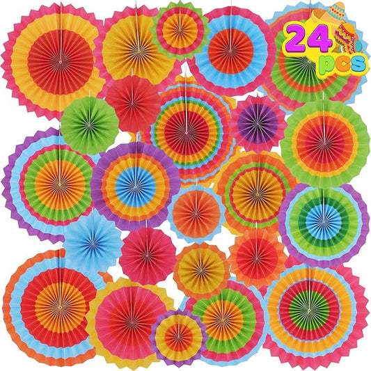 JOYIN 24 Colorful Hanging Paper Fan Round Wheel Disc for Fiesta Party Supplies Decoration, Luau Event Photo Props, Cinco De Mayo Mexican Festivals, Carnivals, Taco Tuesday Event.