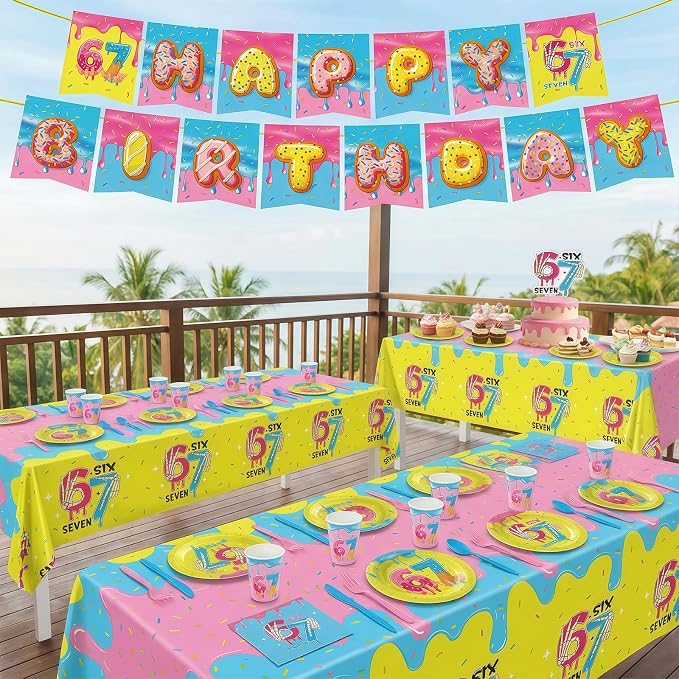 172pcs Ice Cream Birthday Party Supplies 6 7 Birthday Plates Napkins Six Seven Themed Tableware Set Paper Cups Banner Tablecloths Cake Topper Party Decorations for Kids Boys Girls Serve 24