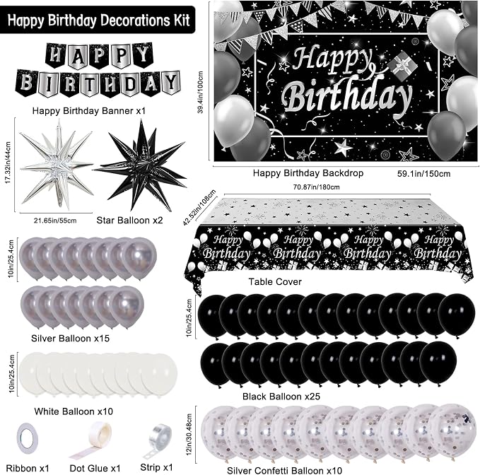 Silver and Black Birthday Decorations for Men Women Boys Girls 80 PCS White Black and Silver Party Decorations Happy Birthday Backdrop Banner Confetti Star White Balloon Arch Tablecloth Party Supplies
