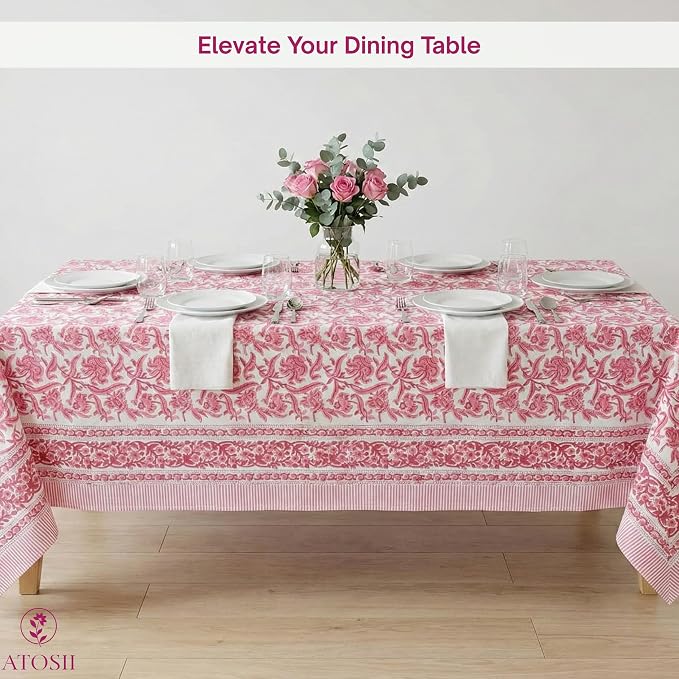 ATOSII Red Bloom 100% Cotton Rectangle Tablecloth, Block Print Floral Linen Table Cloth for Dining Parties Outdoors Weddings Holidays I 72 X 140 Inches, 12 Seater, Summer Farmhouse Grandmillennial