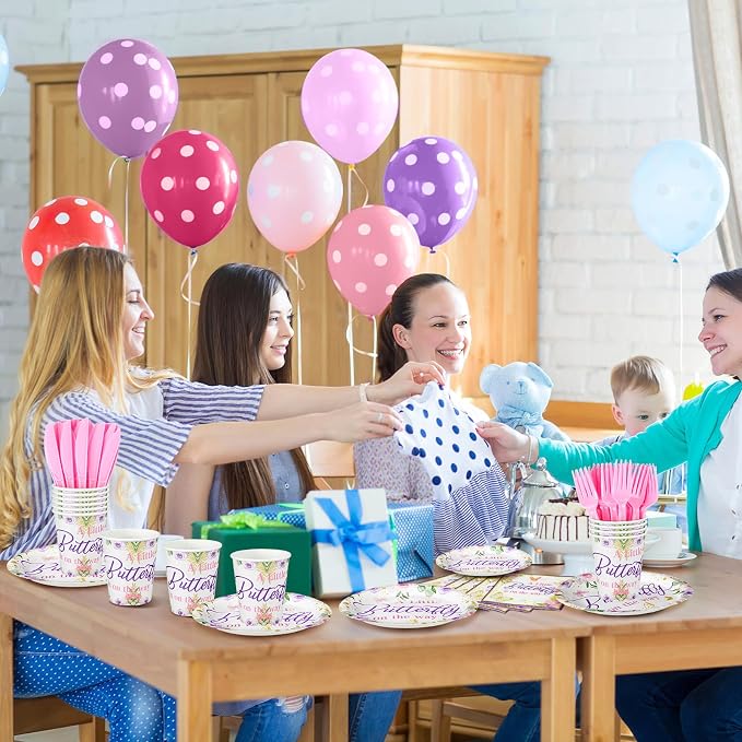 Dandat 350 Pcs Baby Shower Plates Set Baby Shower Party Supplies Serves 50 Tableware Sets Include Plates Napkin Cup Forks Knives Spoons Disposable Dinnerware(Butterfly,Purple)