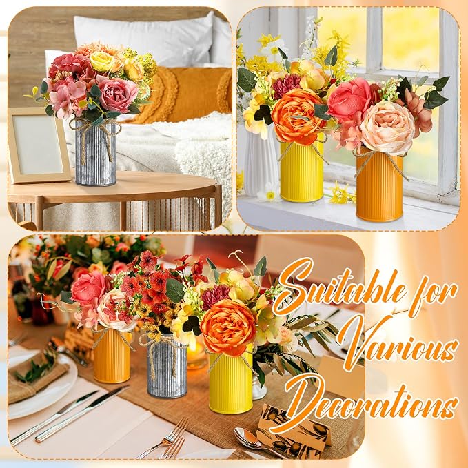 Rustic Vase for Table Centerpieces 4.33 Inch Small Petite Flower Vase with Twine Bow Vintage Farmhouse Decor for Wedding Reception Dining, Home Galvanized Metal Buckets(Yellow, Orange, Iron,24 Pcs)