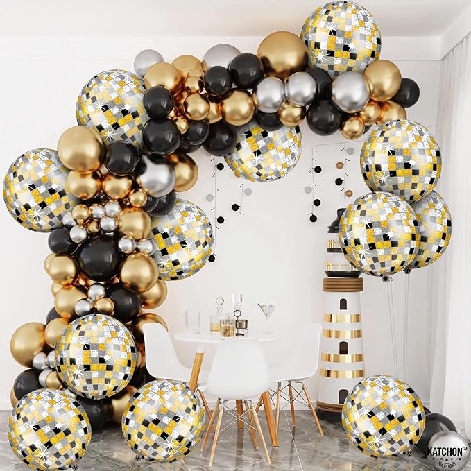 KatchOn, Huge Disco Ball Balloons -22 Inch, Pack of 12 | Black And Gold Disco Balloons for Disco Party Decorations | 360 Degree 4D Sphere Disco Balloon | Gold and Black Party Decor