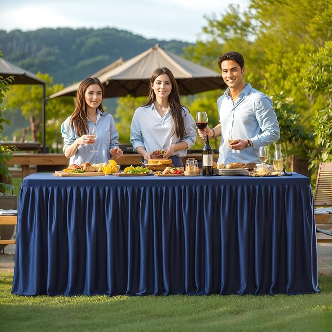 1 Pack Navy Blue Tablecloths for Rectangle Tables 4ft, Wrinkle Resistant Navy Blue Tablecover Fitted Stretch Table Cloth with Pleated Ruffle Table Skirts for Party Banquet Dining Birthday Wedding