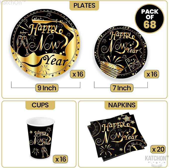 KatchOn, New Years Eve Party Plates, Cups and Napkins sets - Serves 16 Guests | New Years Eve Party supplies 2026 | Nye dinner set, New Year decorations | Nye Party Essentials for Happy New Year 2026