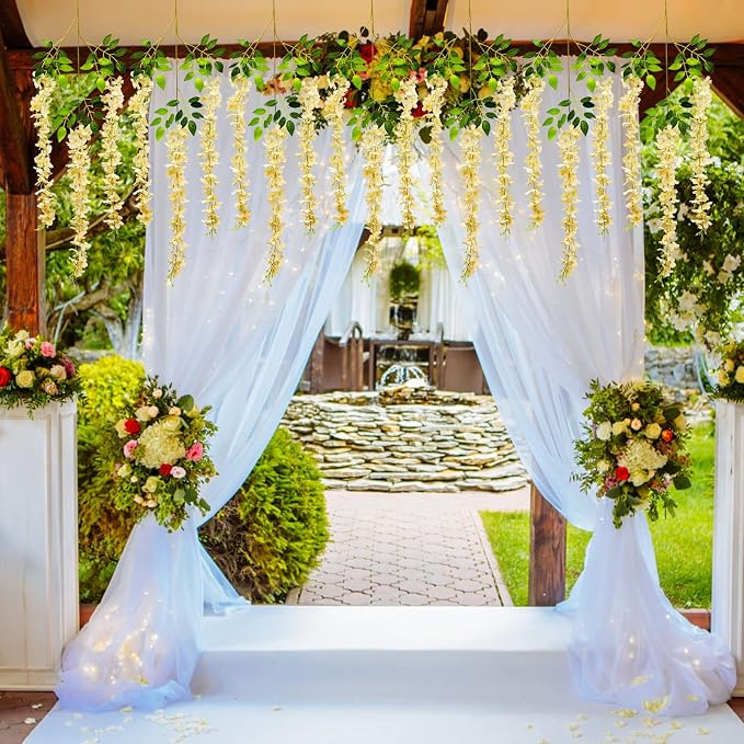 Pauwer Wisteria Hanging Flowers 24 Pack Fake Flower Garland Artificial Wisteria Vines Rattan Silk Flower String Wedding Party Wall Decorations,Champagne