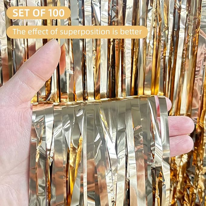 100 Pack Champagne Gold Foil Fringe Backdrop Curtains 3.2ft x 8.2ft Tinsel Foil Fringe Curtains for Birthday Party Decorations Photo Booth Backdrop for Halloween Christmas New Year Holiday Decorations