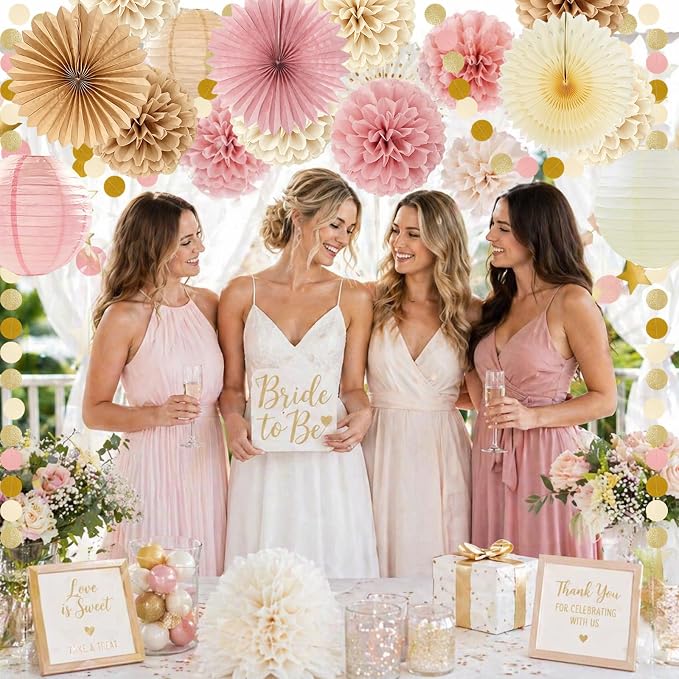 Boho Paper Party Decorations, Blush Pink and Champagne Gold Elegant Party Decor Kit with Paper Lanterns, Pom Poms, Fans and Gold Star Garland for Bridal Shower Birthday Baby Shower Wedding Party