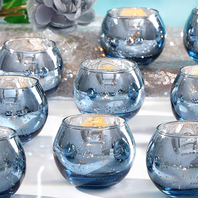 12 Pcs Blue Votive Candle Holders- Blue Centerpieces for Tables, Round Mercury Glass Candle Holder for Bridal Shower Decorations, Wedding Decor