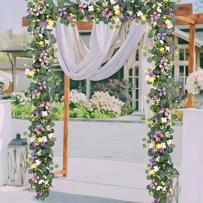 Waipfaru 4Pcs Eucalyptus Garland with Daisy 3D Butterfly, Green Garland with Flowers, 5.9FT Artificial Faux Eucalyptus Leaves Vines for Table Mantle Home Wedding Party Indoor Outdoor Decor
