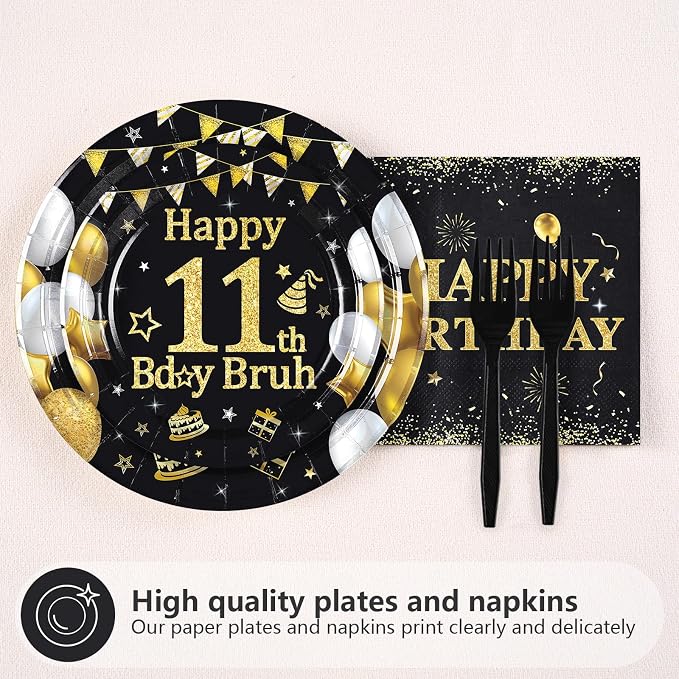 96 Pcs Bruh 11th Birthday Party Decorations Black Gold Bruh I’m 11 Plates and Napkins It's My 11th Birthday Tableware Set for Teen Boys and Girls 11 Years Old Party Supplies, Serves 24
