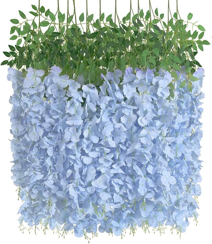 12Pack Wisteria Hanging Flowers Vines 3.6ft Baby Blue Artificial Flowers Fake Wisteria Bushy Garland Silk Flowers Hanging Rattan String for Garden Home Wall Wedding Party Decor (Baby Blue)
