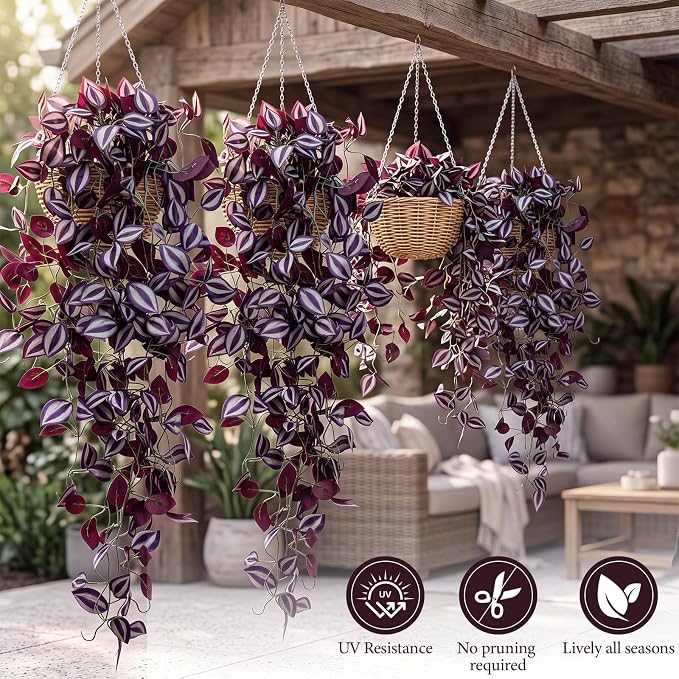 Daifunli 12 Pcs Artificial Hanging Plants Fake Hanging Ferns Plastic Fake Plant for Wall Room Garden Garland Indoor Outdoor Decor No Basket (Purple Eyebrow)