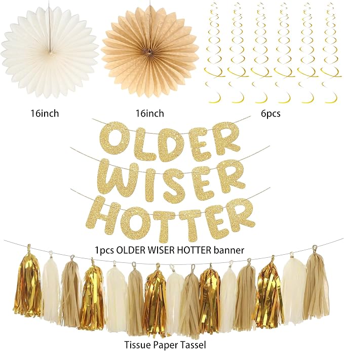 Roetyce Birthday Party Decorations, Gold Glitter Older Wiser Hotter Banner Photo Background for Women Men, Funny Happy Birthday Backdrop Decor, 30th 40th 50th 60th 70th 80th Party Supplies
