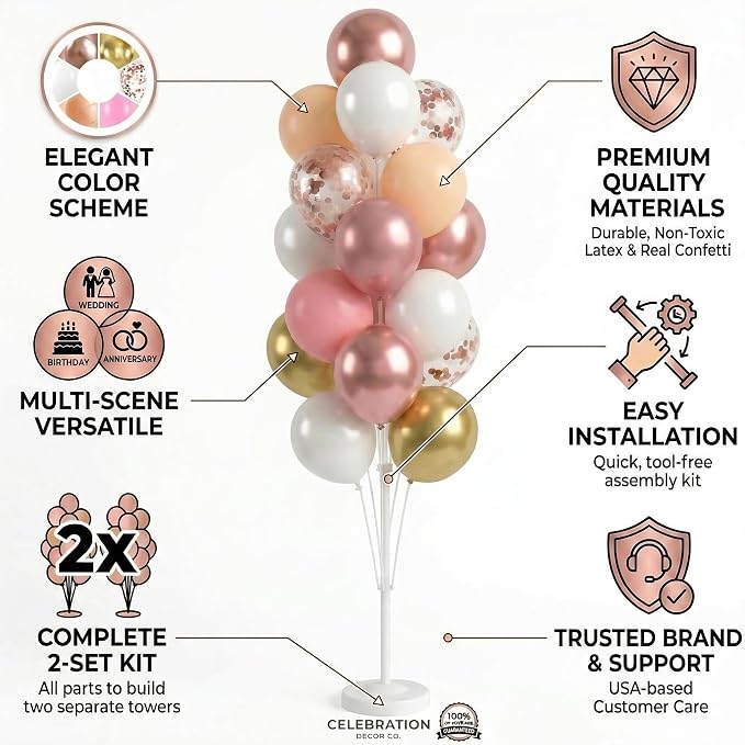 Set of 2 Balloon Column Kit with Nude&Pastel Pink&Metallic Gold White Balloons, Base and Pole - DIY Balloon Tower Stand for Party Decorations, Wedding Backdrop, Birthday, Bridal Shower