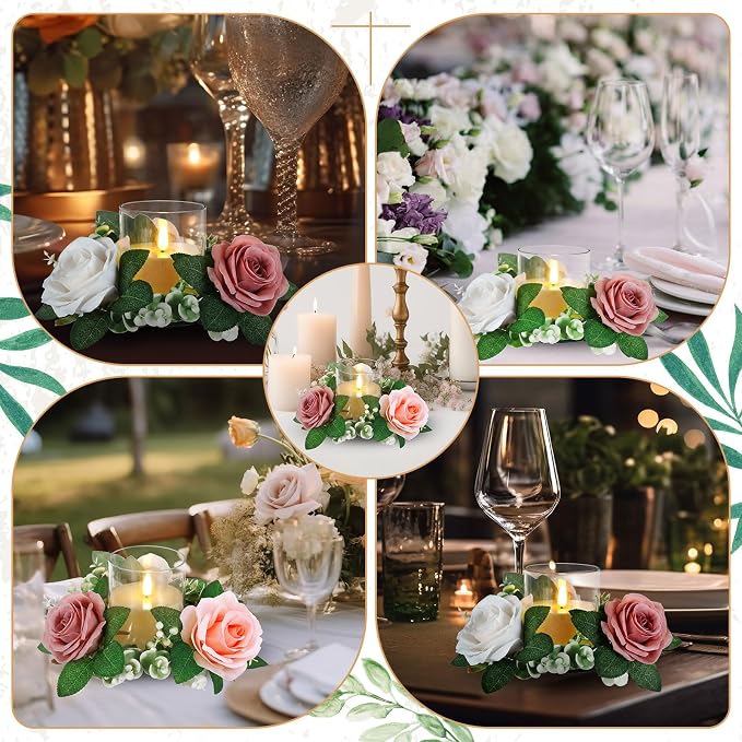 Yunlly 12 Pcs Rose Candle Rings with Flameless Candles Sets, Artificial Flower Eucalyptus Wedding Centerpiece 3 Inch Pillar Candleholders Wreaths for Wedding Party Mother's Day (Pink，White)