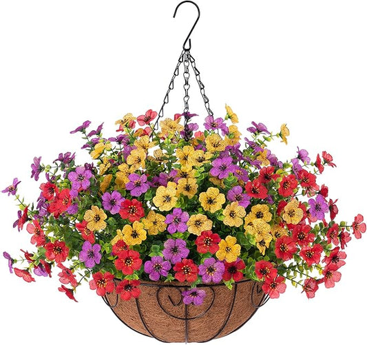 Ammyoo Artificial Faux Hanging Plants Flowers Basket for Spring Outdoor Decoration, Fake Silk Daisy UV Resistant Look Real with Eucalyptus Leaves Summer Outside Decor for Home Patio Garden