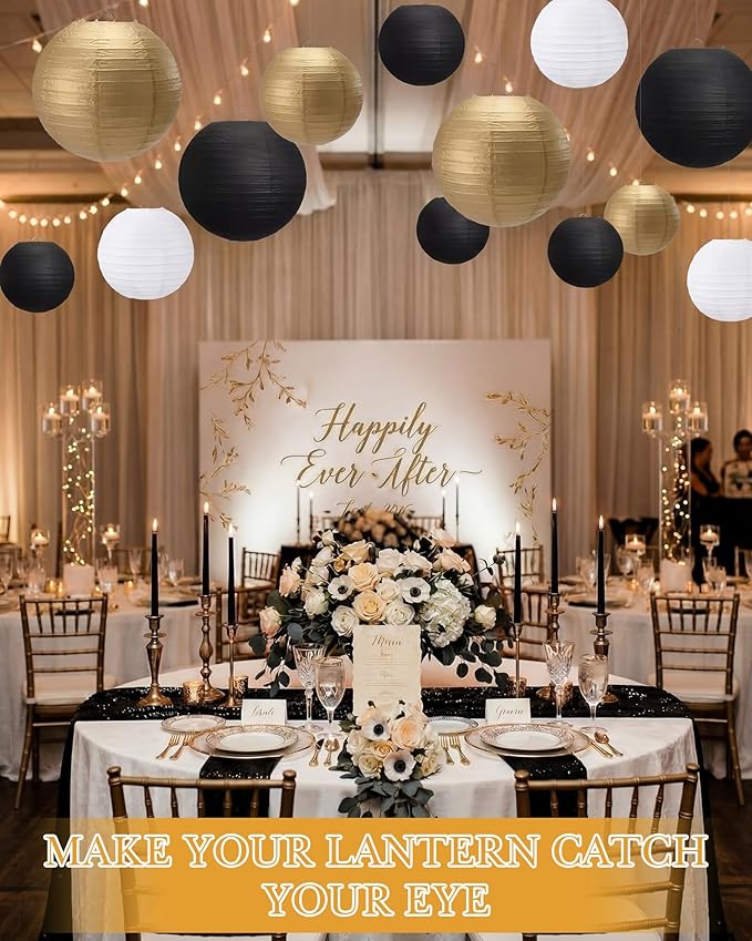 Treela 48 Pcs Paper Lanterns Party Decorations Chinese Round Paper Decor 4/6/8/10 Inch Asian Hanging Lamps Decorative for Graduate Wedding Birthday Party Bridal Parties Supplies(Gold,Black)