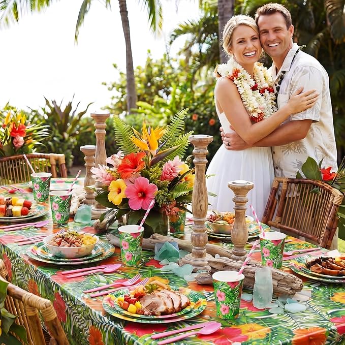 Vesici 452 Pcs Tropical Luau Party Supplies Set for 50 Guests Include 9'' 7'' Paper Plates Napkins Tablecloths 9 oz Cups Forks Spoons Straws for Hawaiian Hibiscus Flower Summer Birthday Decoration