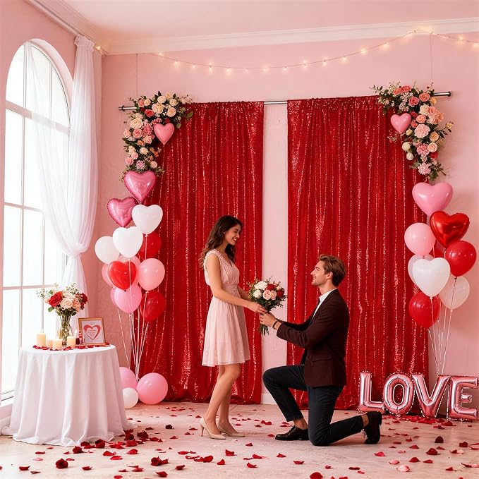 SquarePie 2 PCS 4x10ft Red Sequin Backdrop for Photography, Extra Long Satin-Backed Real Sequin Curtain, High-Density Shimmering Background with 4" Rod Pocket for Wedding Ceremony, 2 Panels