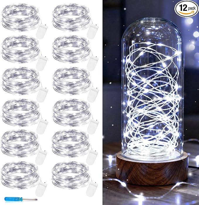 VOOKRY 12 Pack Fairy Lights Battery Operated, 30 LEDs Mini Starry String Lights 10 ft Silvery Copper Wire Lights, Works for DIY Wedding Centerpiece, Party,Table, Christmas Decorations(Cool White)