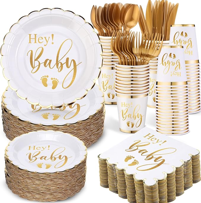 400 Pcs Baby Gender Reveal Plates and Cups and Napkins Sets with Forks Spoon Party Supplies Baby Shower Paper Tableware Gender Reveal Decorations Disposable Cutlery, Serves 50(Gold,Hey)