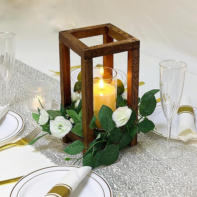 18 Pcs Wooden Lanterns - 6 Wooden Wedding Centerpieces 6 White Roses Candle Wreaths 6 LED Flameless Candles for Rustic Farmhouse Country Wedding Party Table Decor