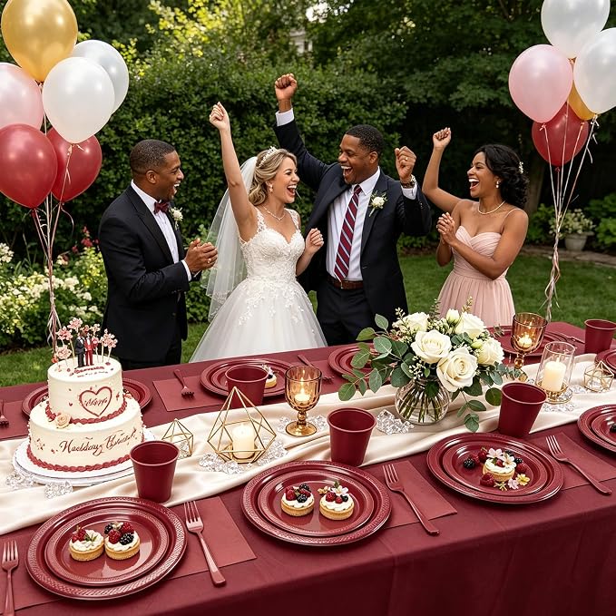Burgundy Plastic Plates for Party,Disposable Burgundy Party Supplies,30 of Each 9" Dinner,7" Dessert Plate,Napkins,Cups,Forks and 1 Tablecloth Dinnerware for Birthday Wedding Elegant Parties
