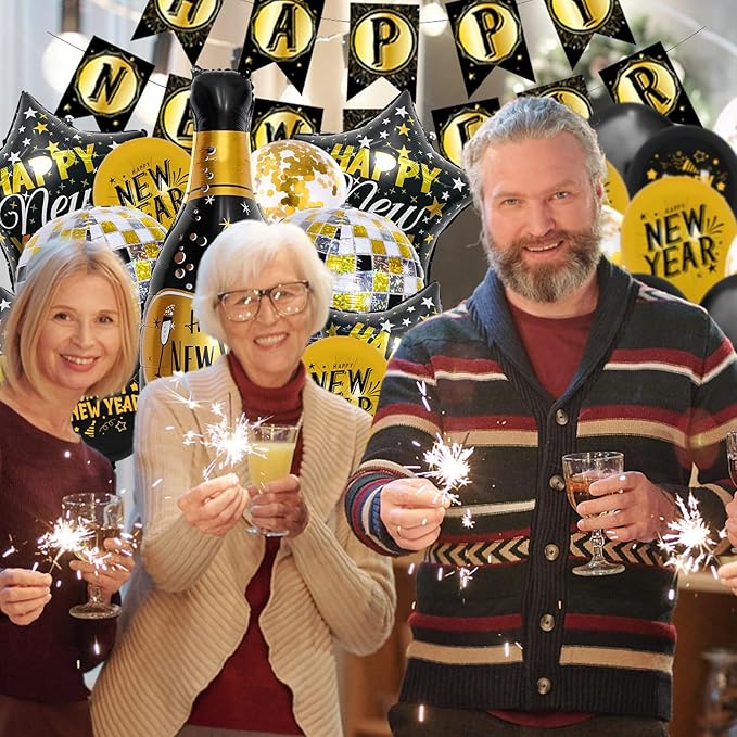 New Years Decorations Party Supplies 2026 40PCS Happy New Years Eve Balloons Decorations for 2026 Photo Props Party Background Black and Gold Balloons Banner Hats Glasses (Black)