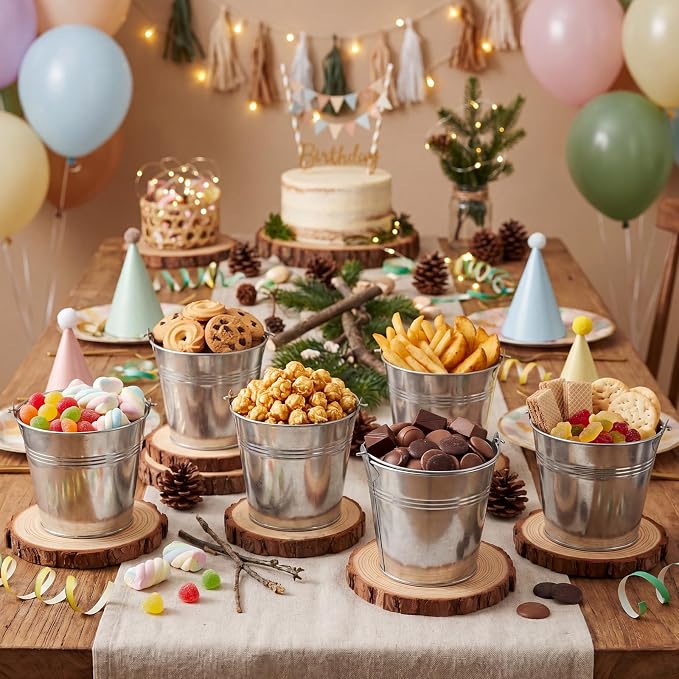 meekoo 12 Pcs Farmhouse Rustic Table Centerpieces Decor Include 6 Small Metal Tin Galvanized Buckets 4.7'' Tall and 6 Wood Slices Round 7-7.8'' for Wedding Birthday Home Succulents DIY Table Decor