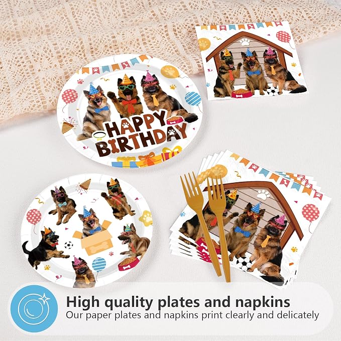 96Pcs German Shepherd Dog Birthday Party Decorations Funny Pet Dog Plates and Napkins Cute Puppy Tableware Set for Boys German Shepherd Theme Birthday Baby Shower Party Supplies Serves 24